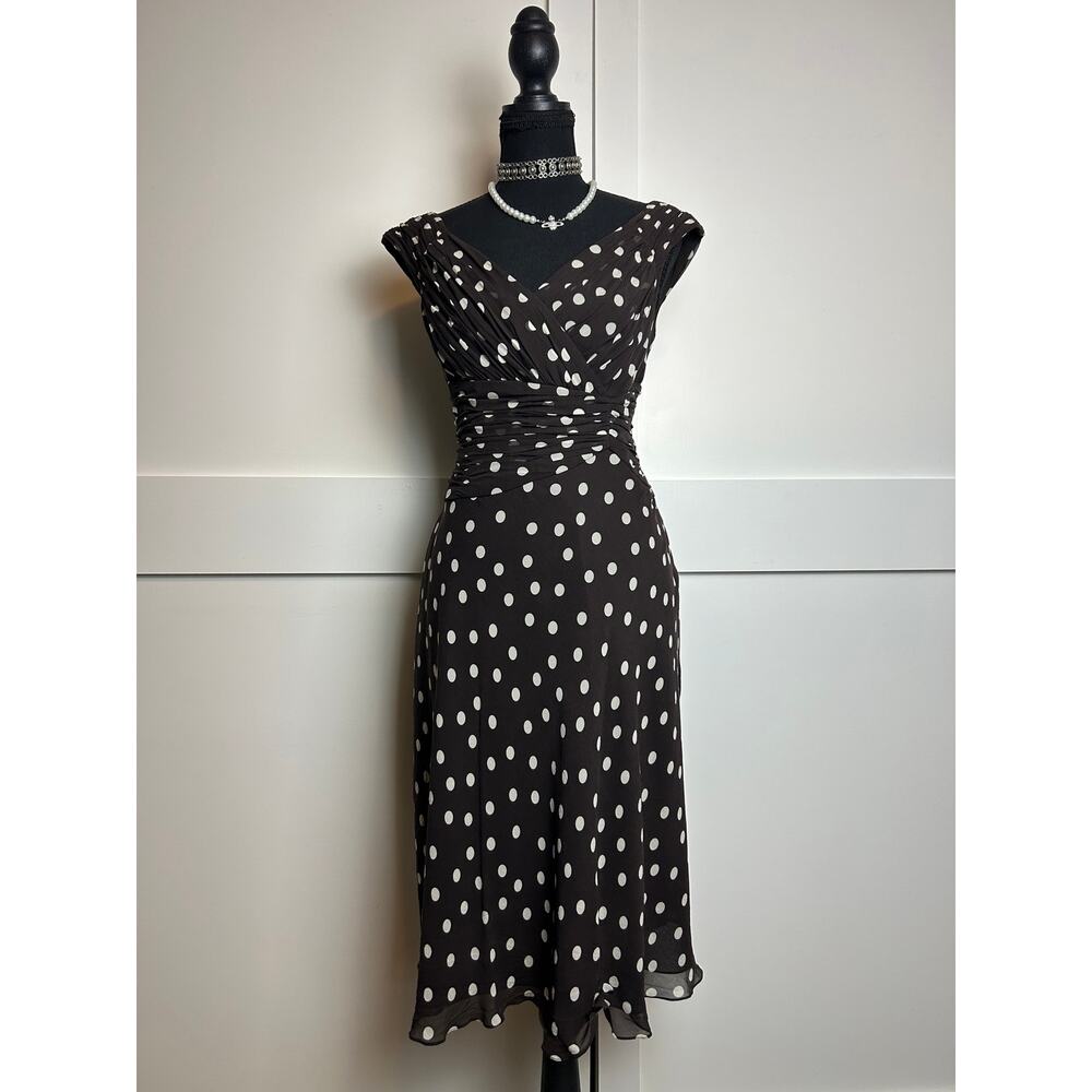Adrianna Papell 100% Silk Western Polka Dot Dress 10P Chocolate Brown Midi